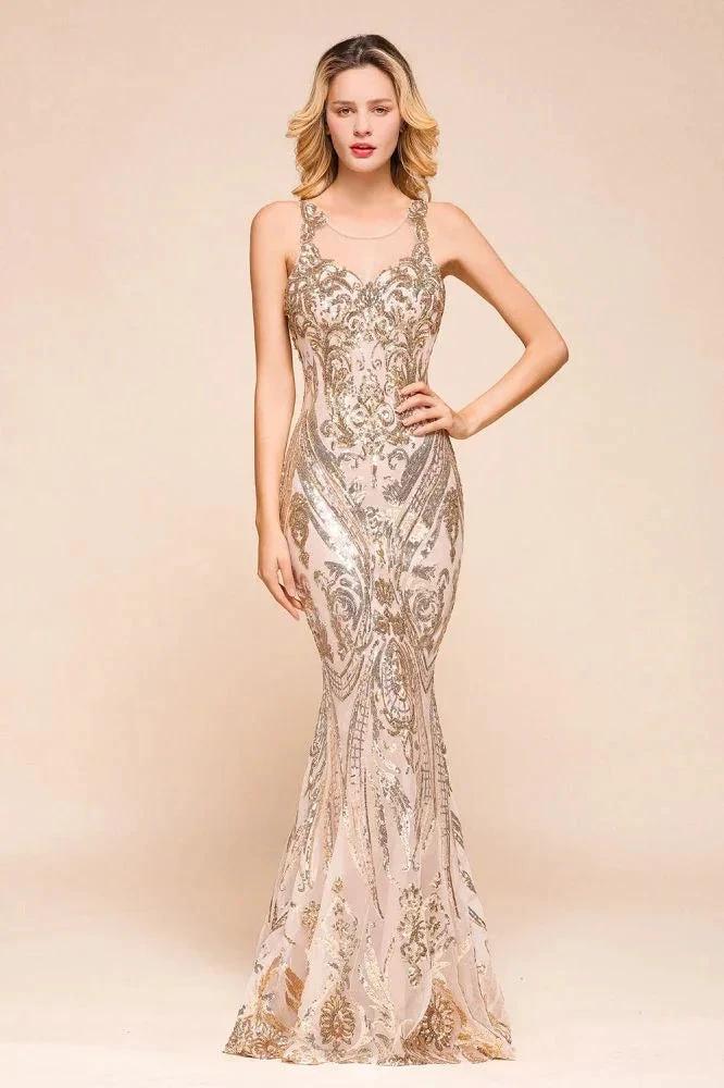 Sexy Sleeveless Mermaid Prom Gown Sparkly Gold Pattern Floor Length Straps Evening Dress by misshow.com