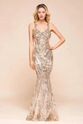 Sexy Sleeveless Mermaid Prom Gown Sparkly Gold Pattern Floor Length Straps Evening Dress by misshow.com