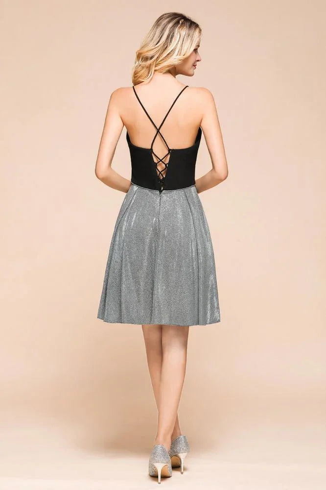 Vestito corto senza maniche sexy per il ritorno a casa, vestito da festa luminoso con scollo a V e tasca