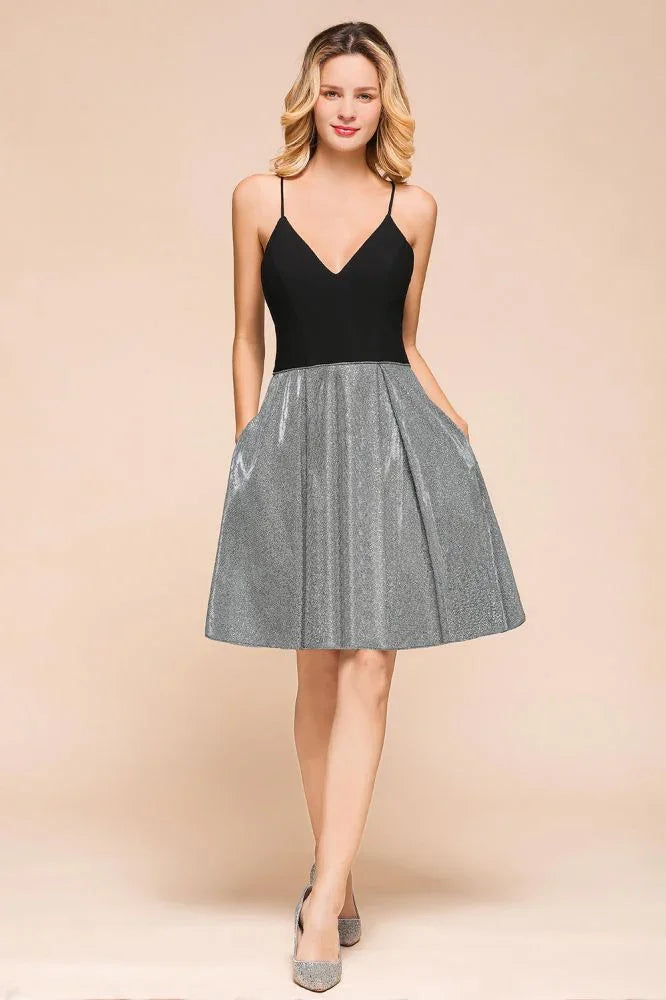 Vestido de fiesta corto sexy sin mangas con escote en V brillante y bolsillo para regreso a casa