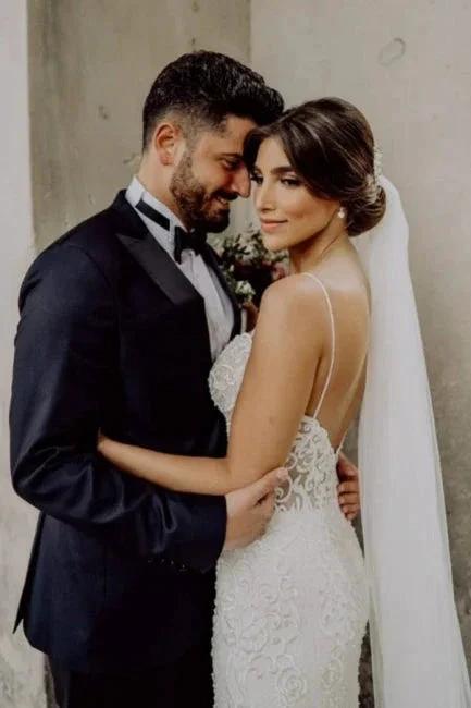 Sexy Spaghetti Strap Sleeveless Mermaid Lace Wedding Dresses with Chapel Train by misshow.com