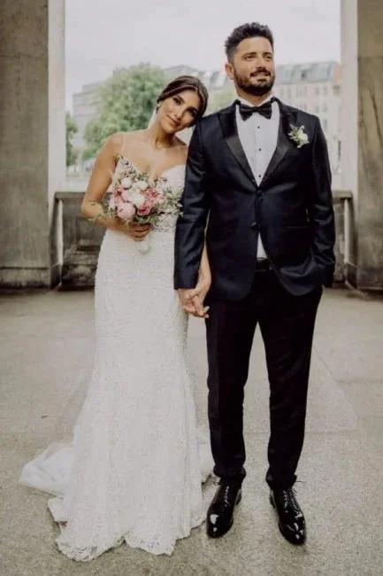 Sexy Spaghetti Strap Sleeveless Mermaid Lace Wedding Dresses with Chapel Train by misshow.com