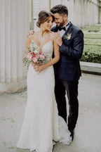 Sexy Spaghetti Strap Sleeveless Mermaid Lace Wedding Dresses with Chapel Train by misshow.com