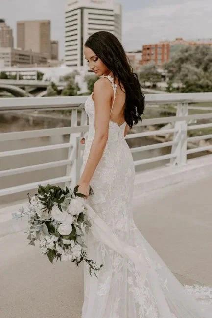 Sexy Spaghetti Strap Sleeveless Mermaid Lace Wedding Dresses with Court Train by misshow.com