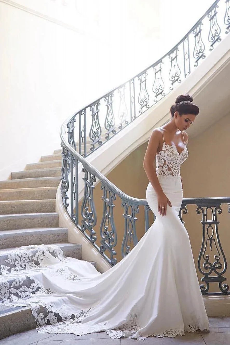Sexy Spaghetti Strap Wedding Dress | Mermaid Chiffon Lace Bridal Gown by misshow.com