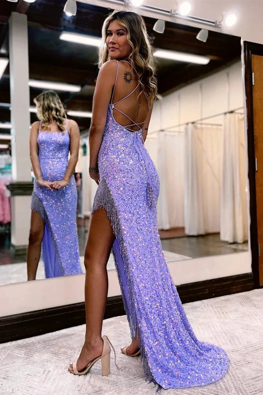 Sexy Spaghetti Straps Mermaid Sleeveless Sequined Prom Dress With Slit by misshow.com
