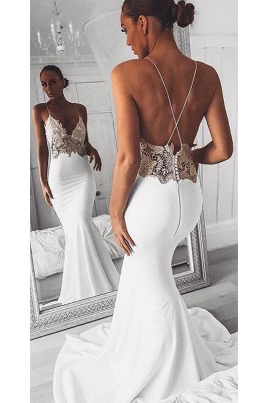 Sexy Spaghetti Straps Pretty Mermaid Long Beach Elegant Wedding Dresses with Lace