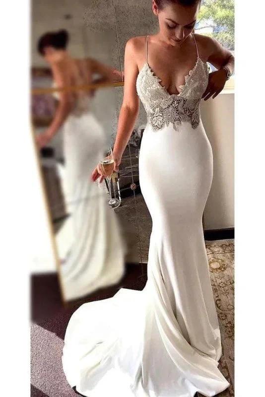 Sexy Spaghetti Straps Pretty Mermaid Long Beach Elegant Wedding Dresses with Lace by misshow.com