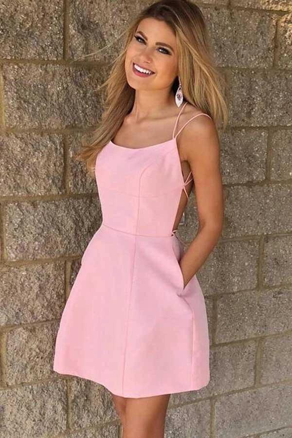 Sexy Spaghetti Straps Short Pink Homecoming Dress with Pockets PD102 by pgmdress