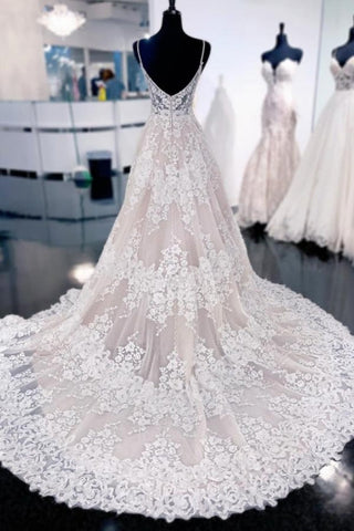 Sexy Spaghetti Straps Sleeveless A-Line Lace Backless Wedding Dresses With Train