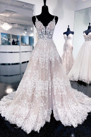 Sexy Spaghetti Straps Sleeveless A-Line Lace Backless Wedding Dresses With Train