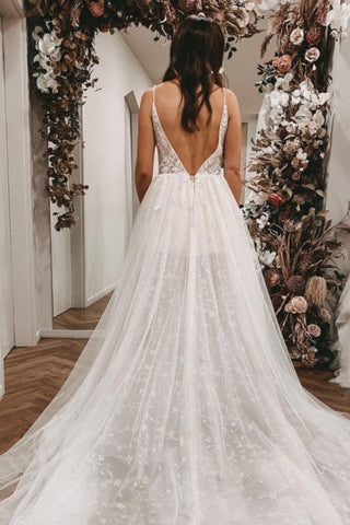 Sexy Spaghetti Straps Sleeveless A-Line Lace Wedding Dresses