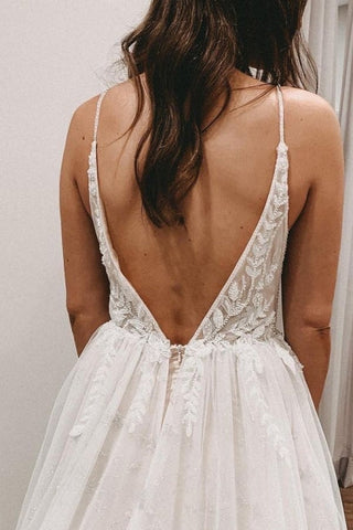 Sexy Spaghetti Straps Sleeveless A-Line Lace Wedding Dresses