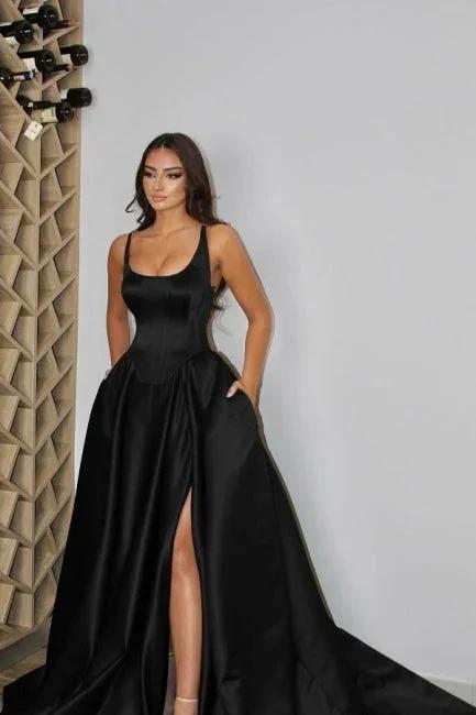 Sexy spaghetti straps sleeveless a-line satin evening dresses split front by misshow.com