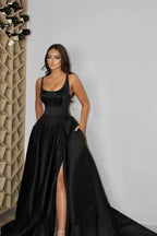 Sexy spaghetti straps sleeveless a-line satin evening dresses split front by misshow.com