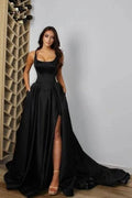 Sexy spaghetti straps sleeveless a-line satin evening dresses split front by misshow.com