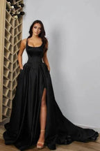 Sexy spaghetti straps sleeveless a-line satin evening dresses split front by misshow.com