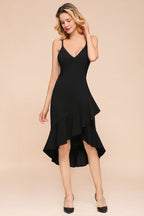 Sexy Spaghetti Straps Sweetheart Slim Hi-Lo Party Dress Vintage Backless Black Prom Dress