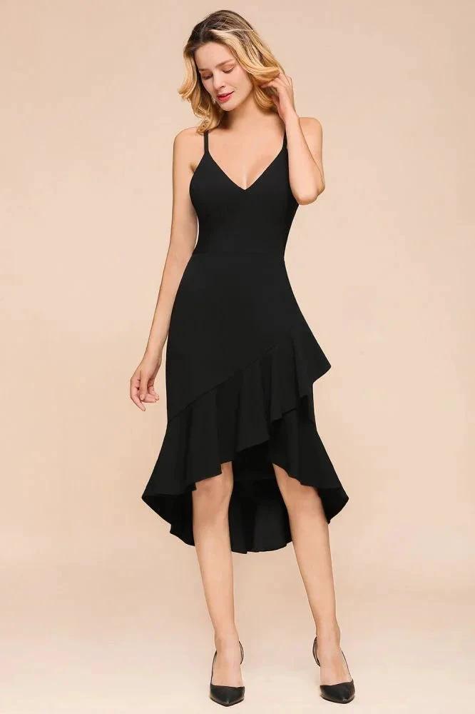 Sexy Spaghetti Straps Sweetheart Slim Hi-Lo Party Dress Vintage Backless Black Prom Dress by misshow.com
