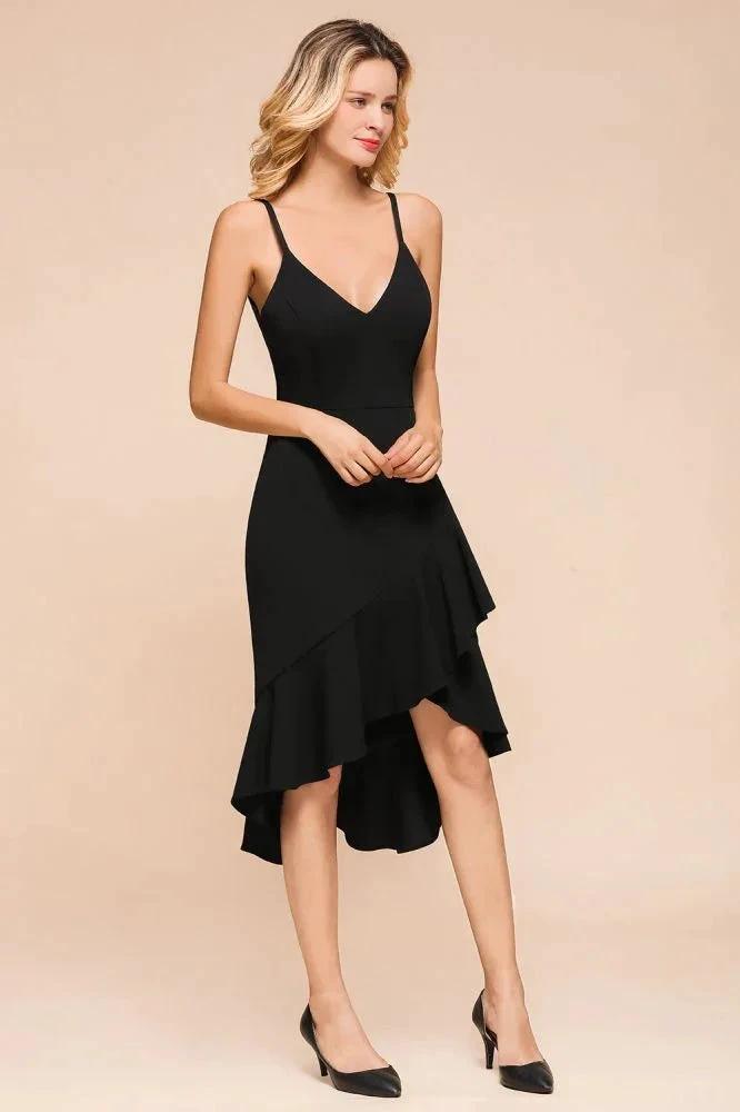 Sexy Spaghetti Straps Sweetheart Slim Hi-Lo Party Dress Vintage Backless Black Prom Dress by misshow.com