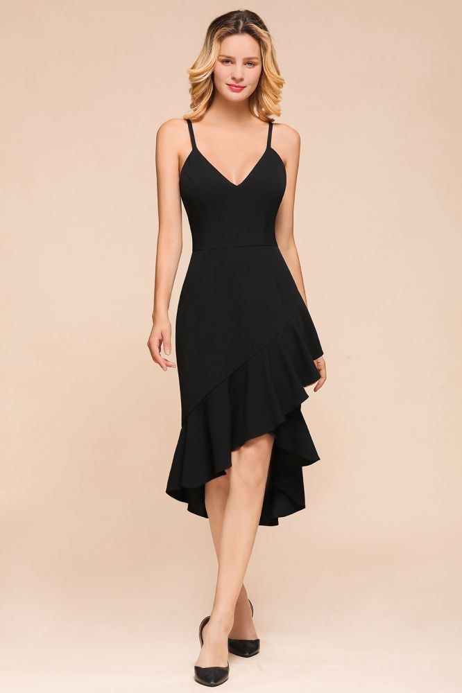 Sexy Spaghetti Straps Sweetheart Slim Hi-Lo Party Dress Vintage Backless Black Prom Dress