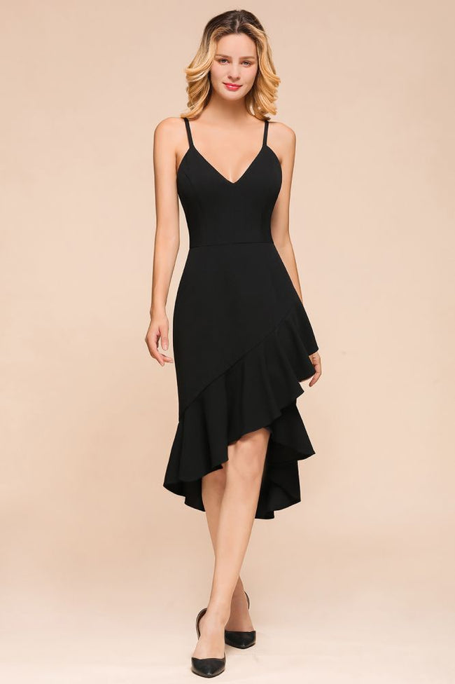 Sexy Spaghetti Straps Sweetheart Slim Hi-Lo Party Dress Vintage Backless Black Prom Dress Hover Image