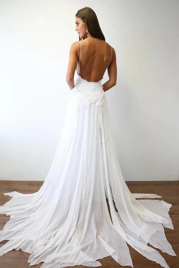 Sexy Spaghetti Straps White Long Beach Wedding Dress WD5013 by pgmdress