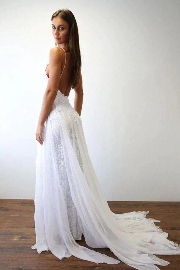 Sexy Spaghetti Straps White Long Beach Wedding Dress WD5013 by pgmdress