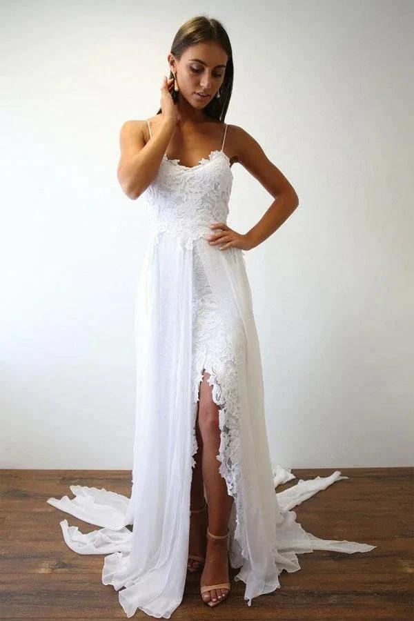 Sexy Spaghetti Straps White Long Beach Wedding Dress WD5013 by pgmdress