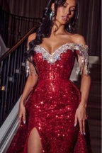 Sexy Sparkly Burgundy Off-the-shoulder Long Prom Dresses Royal Blue Evening Gowns by misshow.com