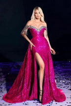 Sexy Sparkly Burgundy Off-the-shoulder Long Prom Dresses Royal Blue Evening Gowns by misshow.com