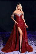 Sexy Sparkly Burgundy Off-the-shoulder Long Prom Dresses Royal Blue Evening Gowns by misshow.com