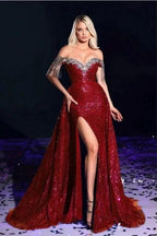 Sexy Sparkly Burgundy Off-the-shoulder Long Prom Dresses Royal Blue Evening Gowns by misshow.com