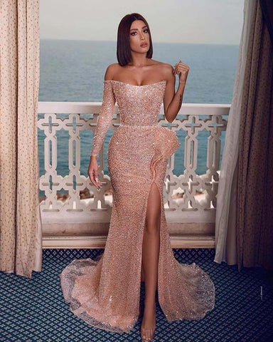 Sexy Sparkly Champagne Rose One-shoulder Side-slit Mermaid Long Prom Dresses