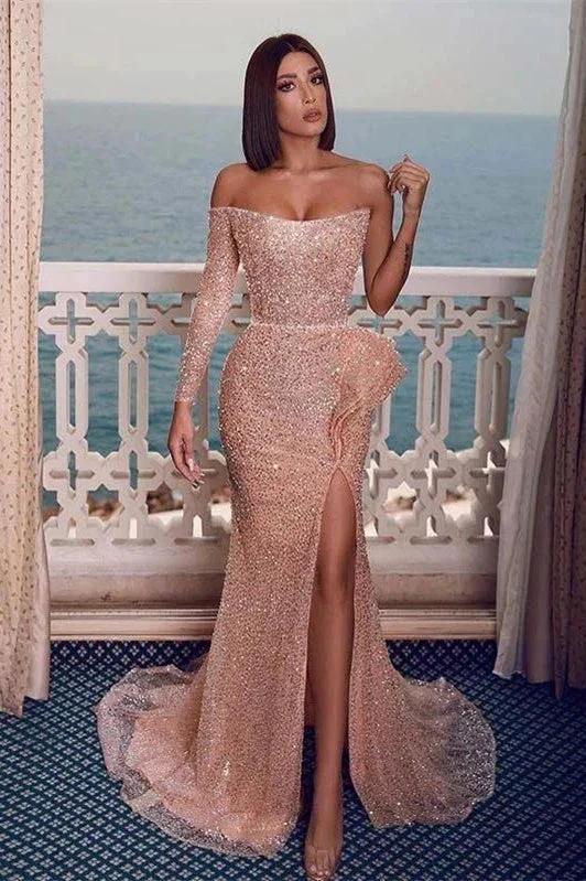 Sexy Sparkly Champagne Rose One-shoulder Side-slit Mermaid Long Prom Dresses by misshow.com