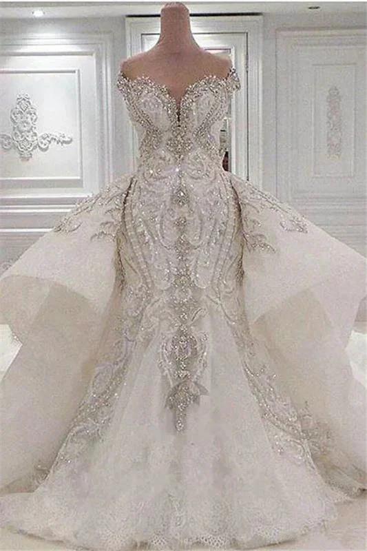 Sexy Strapless Crystals Mermaid Wedding Dresses with Overskirt Long Train by misshow.com