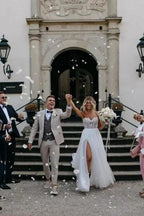 Sexy Strapless Sleeveless Column Floor-Length Tulle Wedding Dresses with Appliques by misshow.com
