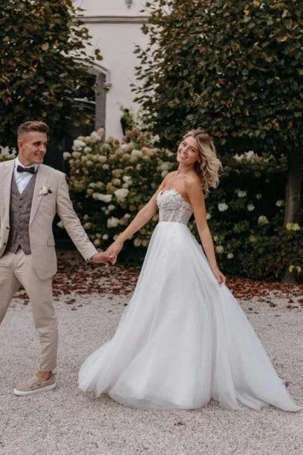 Sexy Strapless Sleeveless Column Floor-Length Tulle Wedding Dresses with Appliques by misshow.com