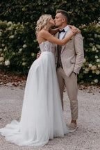 Sexy Strapless Sleeveless Column Floor-Length Tulle Wedding Dresses with Appliques by misshow.com