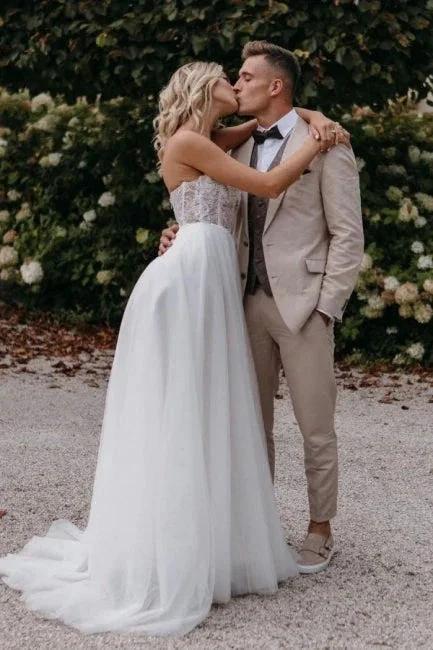 Sexy Strapless Sleeveless Column Floor-Length Tulle Wedding Dresses with Appliques by misshow.com