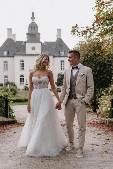 Sexy Strapless Sleeveless Column Floor-Length Tulle Wedding Dresses with Appliques by misshow.com