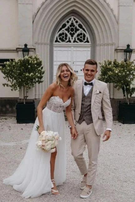 Sexy Strapless Sleeveless Column Floor-Length Tulle Wedding Dresses with Appliques by misshow.com