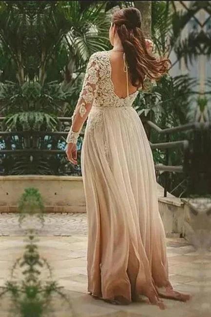 Sexy Sweetheart A-line Long Sleeves Backless Boho Chiffon Wedding Dresses by misshow.com