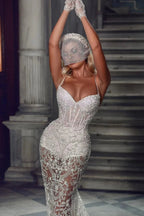 Sexy Sweetheart Lace Spaghetti Strap Sleeveless Mermaid Prom Dress by misshow.com