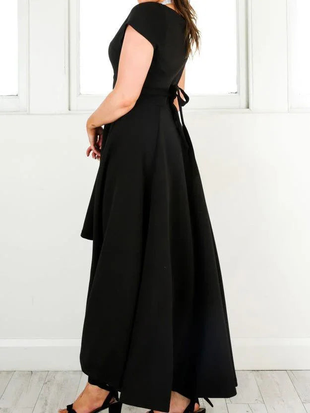 Vestido de Cetim para Regresso a Casa com Decote em V Sedutor e Mangas Curtas PD073