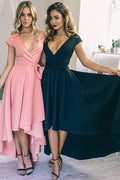 Sexy V Neck Cap Sleeves Satin High Low Homecoming Dress PD073 by pgmdress