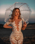 Sexy V-neck Mermaid Lace Wedding dresses with Sleeves by misshow.com
