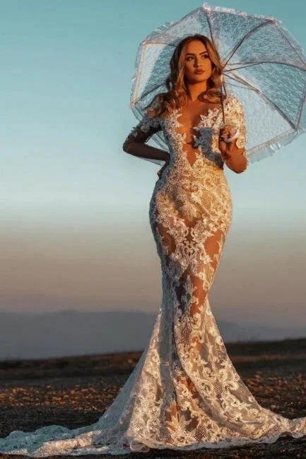 Sexy V-neck Mermaid Lace Wedding dresses with Sleeves by misshow.com