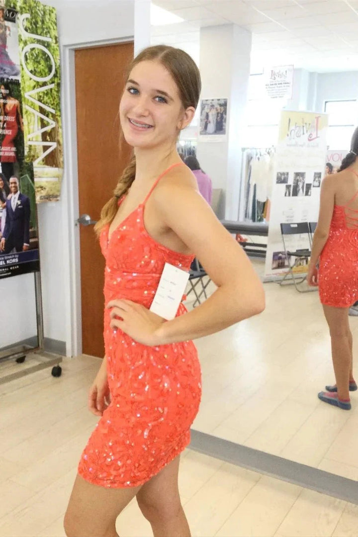 Sexy V-neck Orange Backless Sequined Sleeveless Homecoming Dress With Lace by misshow.com