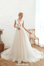 Sexy V-neck Princess Tulle Wedding Dress with Lace Appliques by misshow.com